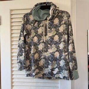 AMPERSAND AVE Floral Gray Pullover Hooded Sweatshirt Double Hood Medium
